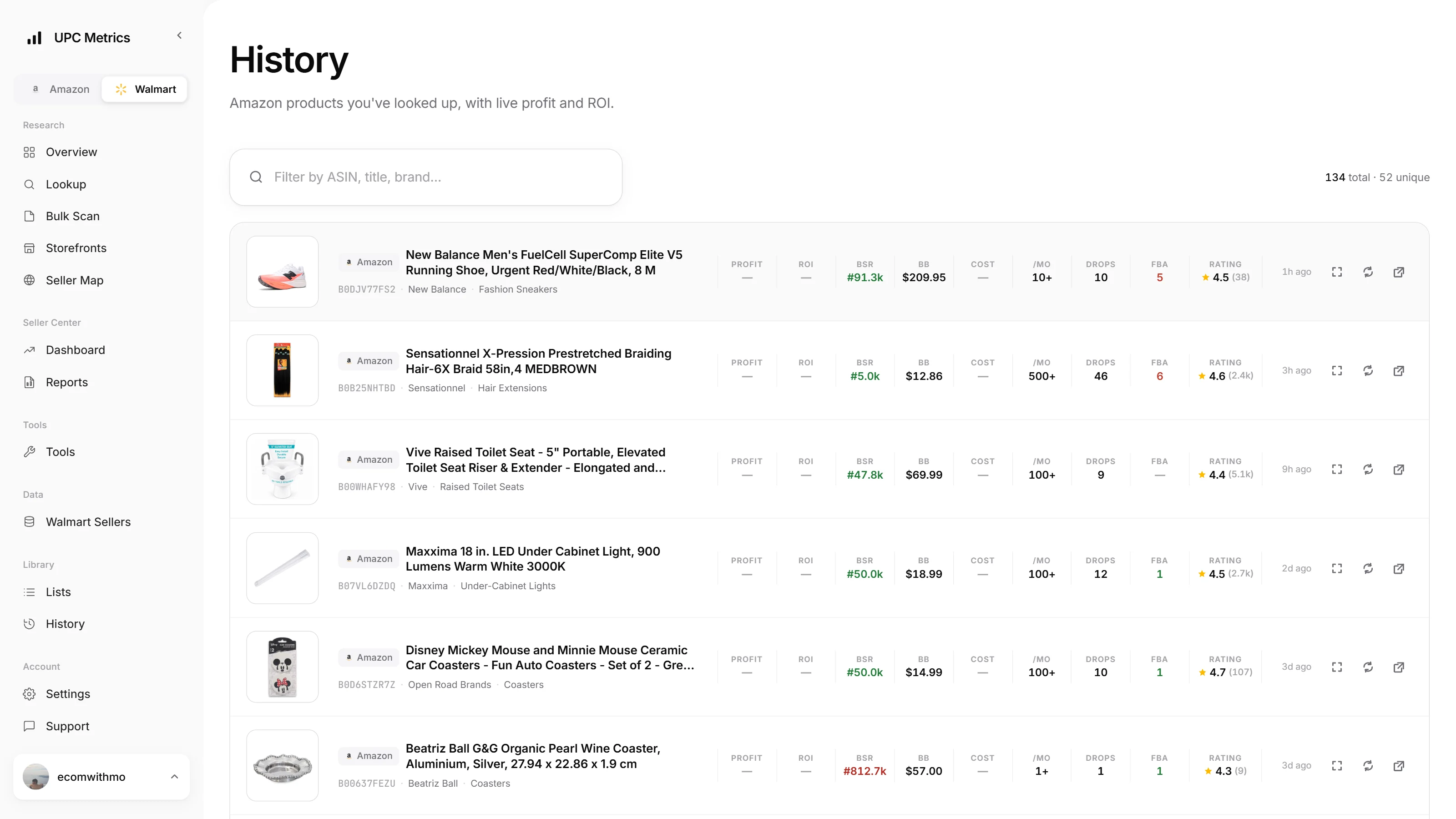 Amazon lookup history — every checked ASIN with profit, ROI and rank, searchable and attributable.