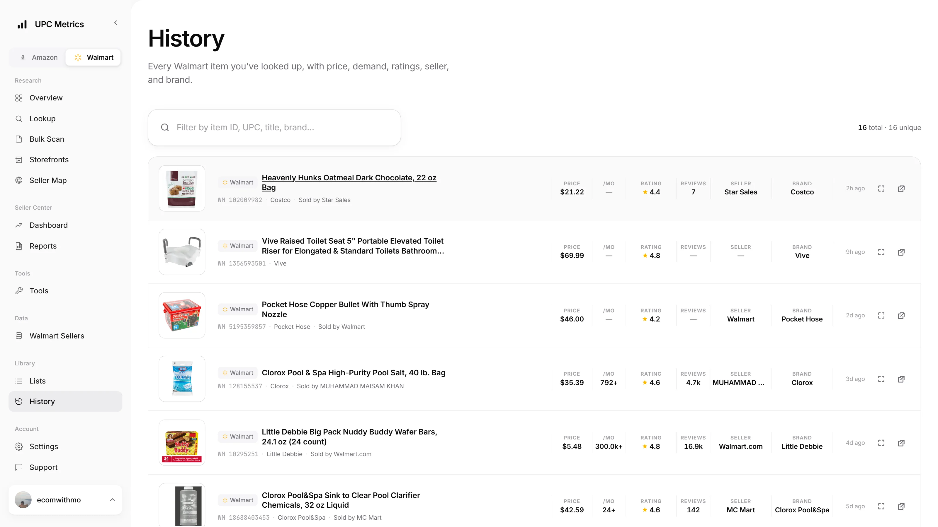 Walmart lookup history — every checked item with price, monthly sold and rating, searchable and attributable.