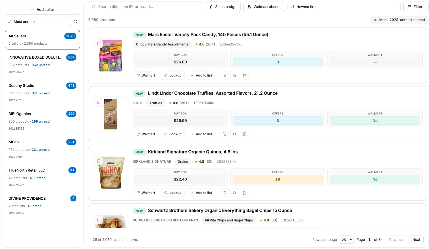 The Walmart Storefronts product feed in the web app. A sidebar lists tracked sellers — All Sellers, Innovative Boxed Solutions, Destiny Studio and more — with product and unread counts, while the newest-first feed shows each product, Buy Box price, offer count and whether Walmart is on the listing, plus Walmart, Lookup and Add to list actions.