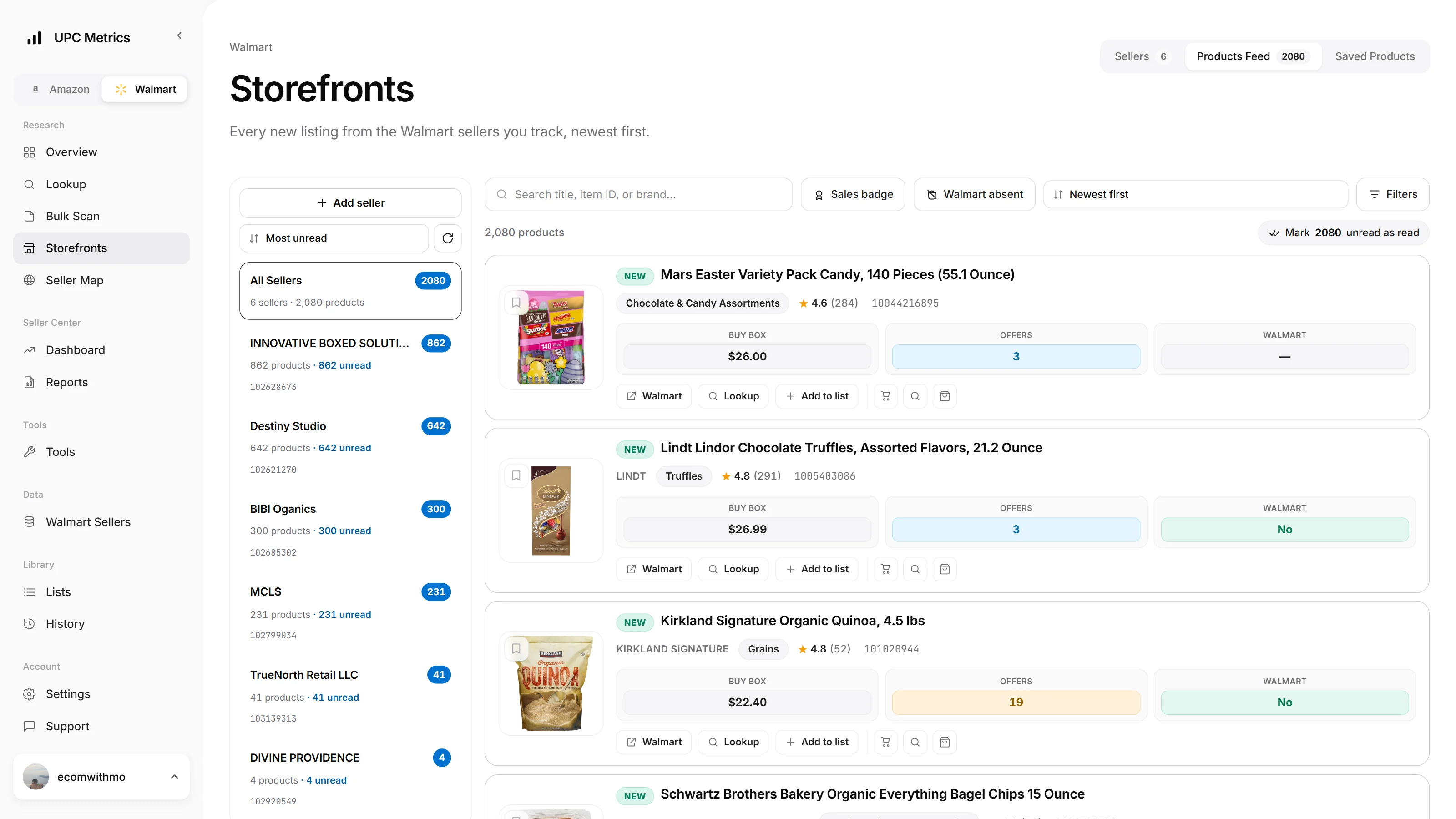 Walmart storefront stalking — every new listing from tracked Walmart sellers in one feed with buy box, offers and stock signals.