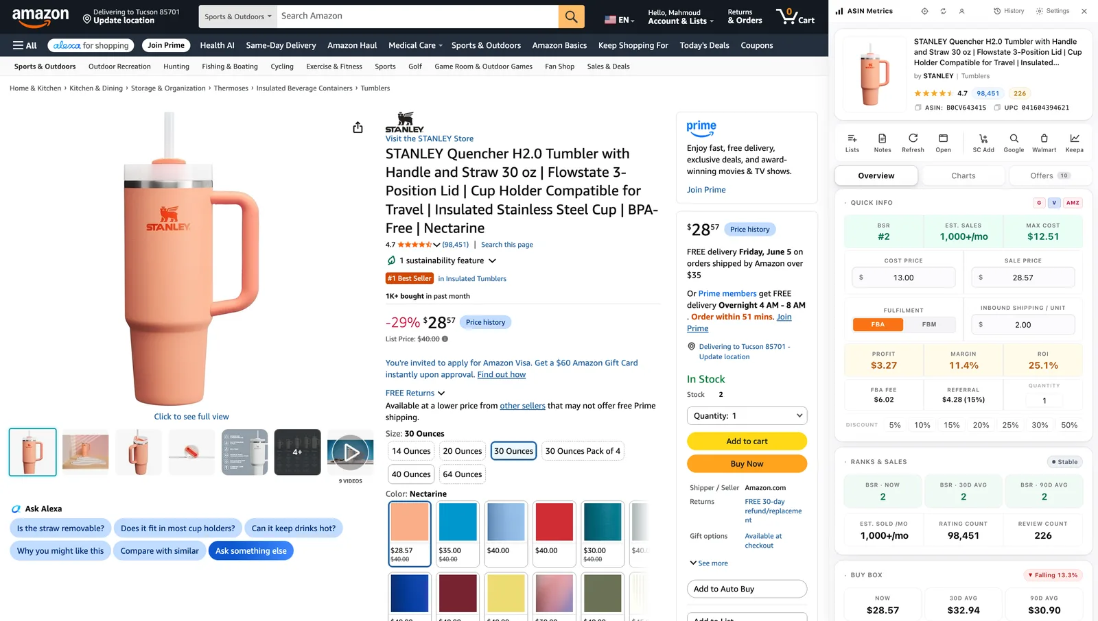 The UPC Metrics Chrome extension docked on an Amazon product page — a live profit-and-loss panel with editable cost and sale price, profit, ROI, margin, real FBA and referral fees, BSR, estimated sales, the Buy Box and ranks & sales, alongside Overview, Charts and Offers tabs.