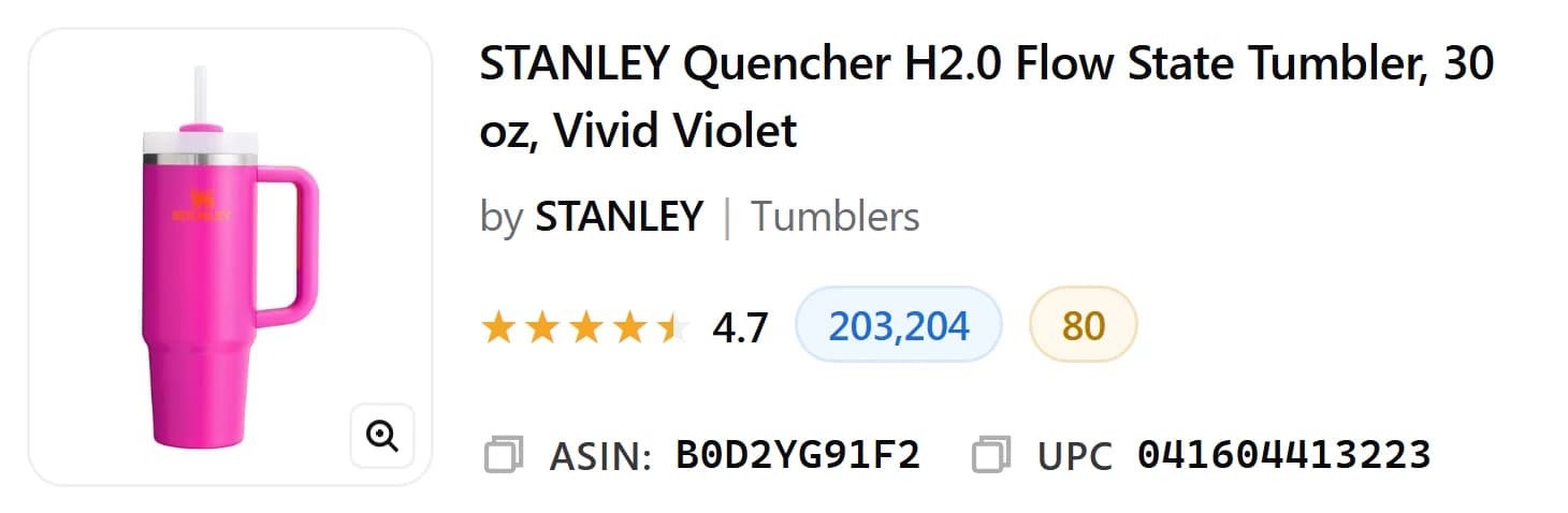 The product header card: the Stanley Quencher tumbler with brand, category, 4.7 stars, 203,204 reviews, and the ASIN and UPC with copy buttons
