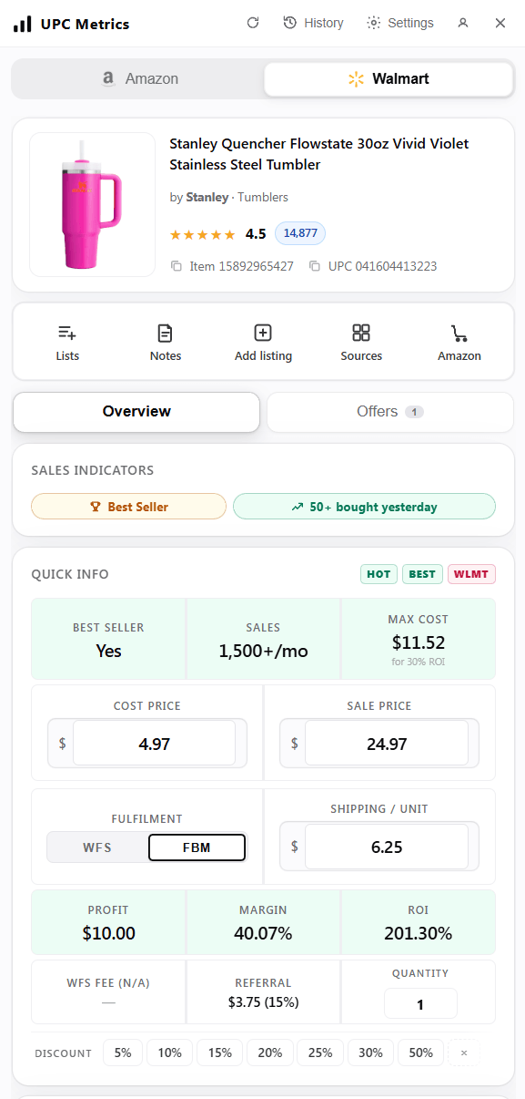 The UPC Metrics extension panel on the Walmart listing for the same Stanley Quencher tumbler — the marketplace toggle switched to Walmart, published demand signals, and the estimated WFS + referral profit calculator.