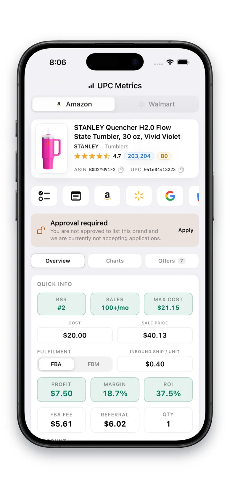 An Amazon product on iPhone: the Stanley Quencher header with ASIN and UPC, an approval-required gating banner, and the Quick Info card with BSR, sales, max cost, cost and sale price inputs, an FBA toggle, profit, margin, ROI and fees