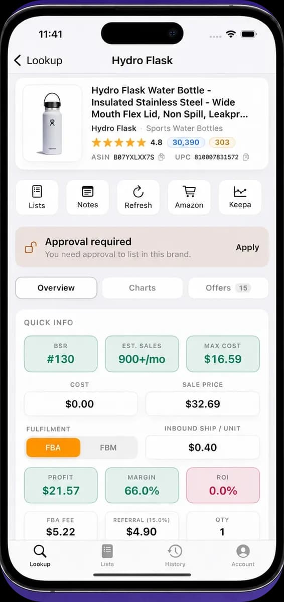 UPC Metrics iPhone app showing a live Hydro Flask lookup — profit, ROI, BSR, fees and gating.