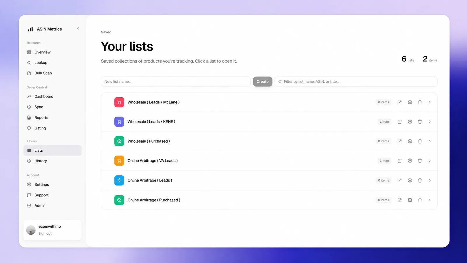 UPC Metrics lists library — saved, color-coded lists for wholesale and online-arbitrage leads.